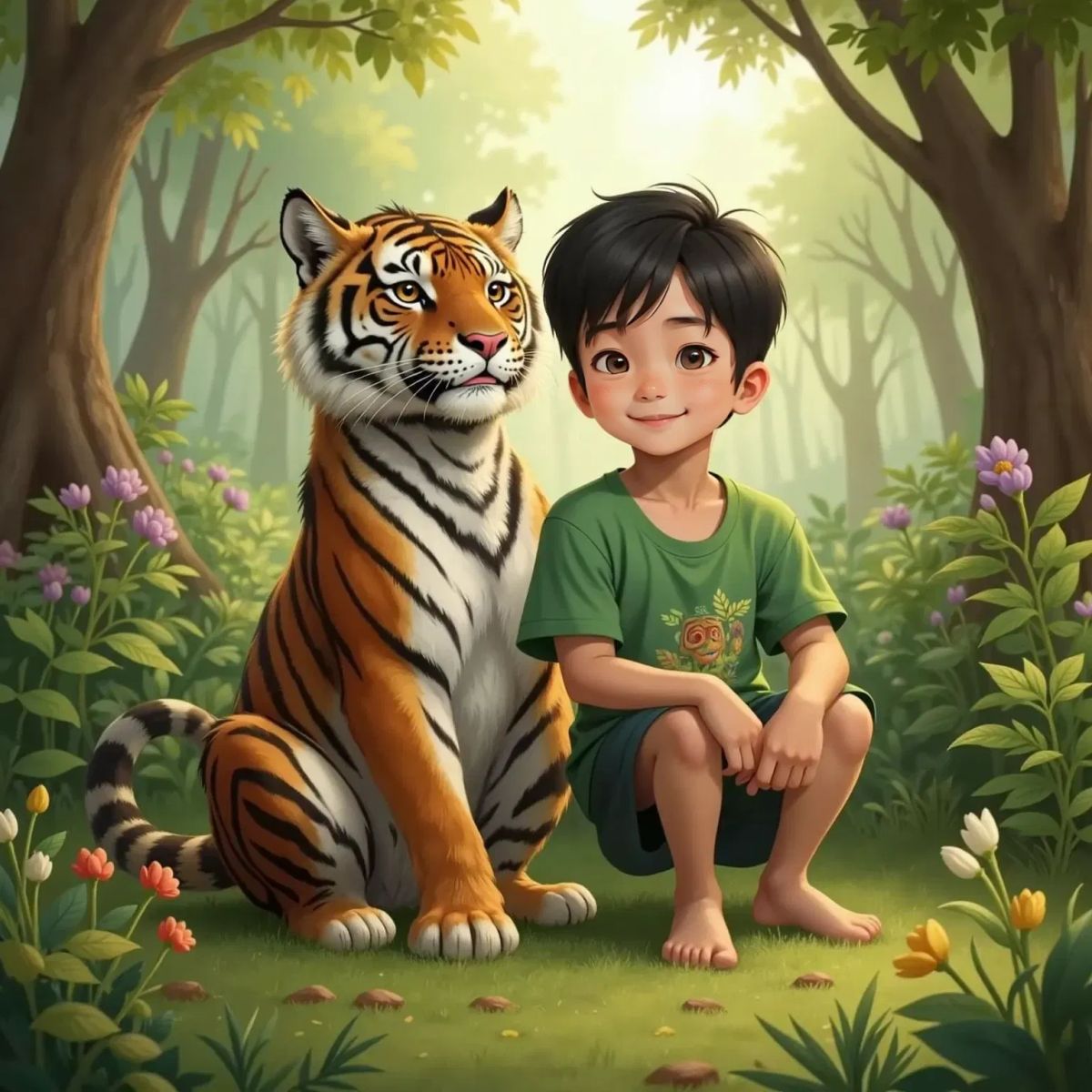 Arya and Tiger, the Brave and strong tiger, kind to human, sitting side by side at the edge of the forest, both smiling with proud expressions, sunlight filtering through the trees.