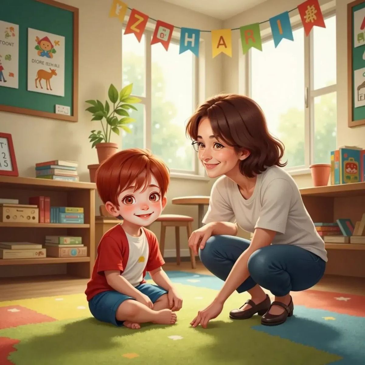 Parker sitting on a classroom carpet, looking excited with wide eyes, as Ms. Maple, a 45-year-old woman with short brown hair and glasses, smiles gently at him. Colorful classroom posters in the background.