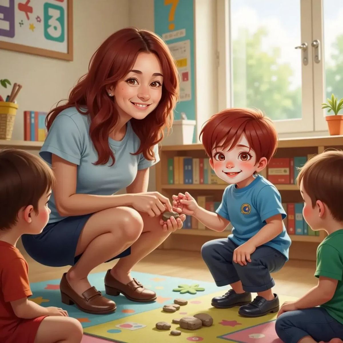 Ms. Maple handing a shiny pebble to Parker, who smiles brightly. Parker's hand is outstretched, and Ms. Maple is pointing to an imaginary pocket on Parker's shirt. Other children sit in a circle in the background.