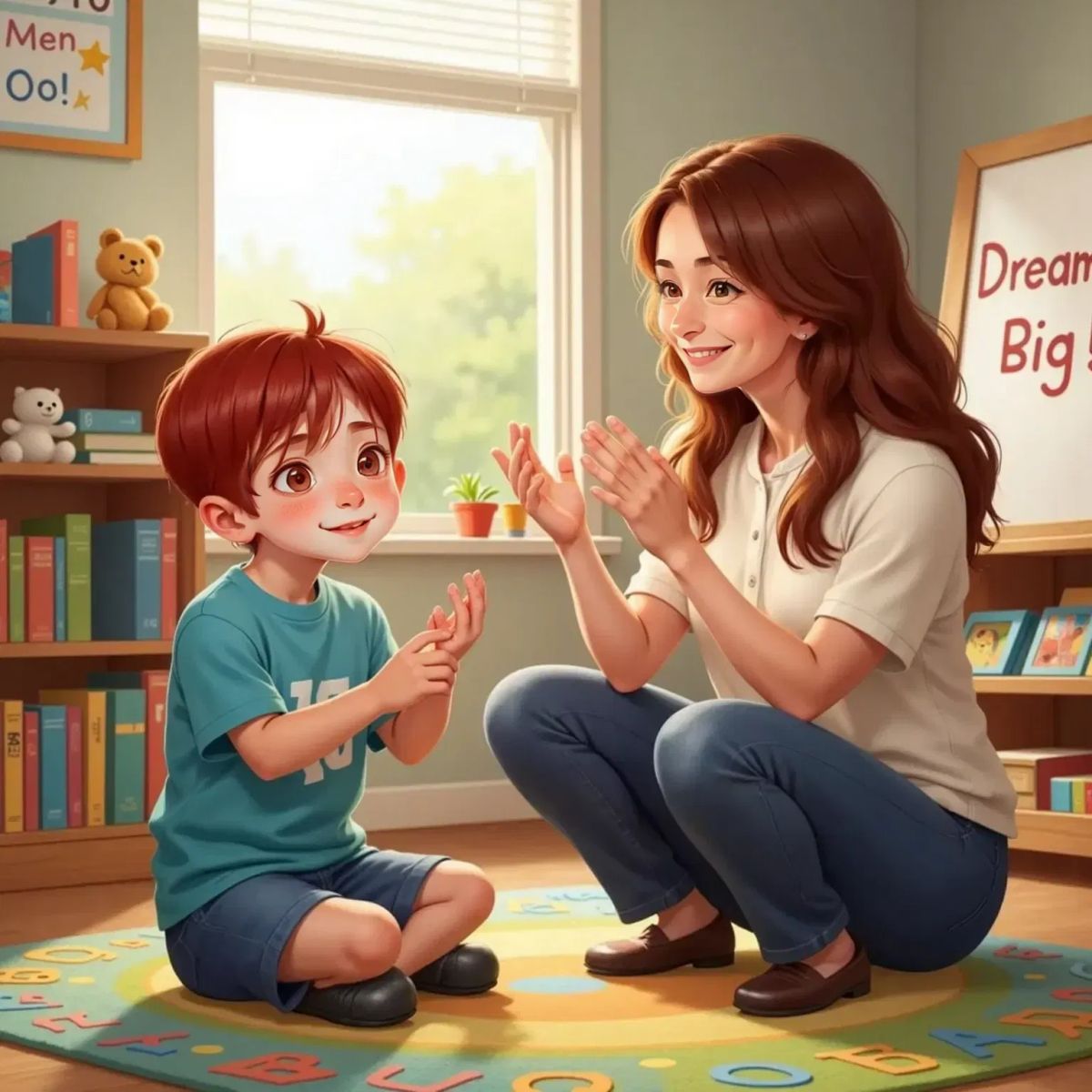 Parker sitting cross-legged, pretending to zip his Thought Pocket shut with a focused expression, while Ms. Maple claps nearby. Classroom shelves with books and toys in the background.