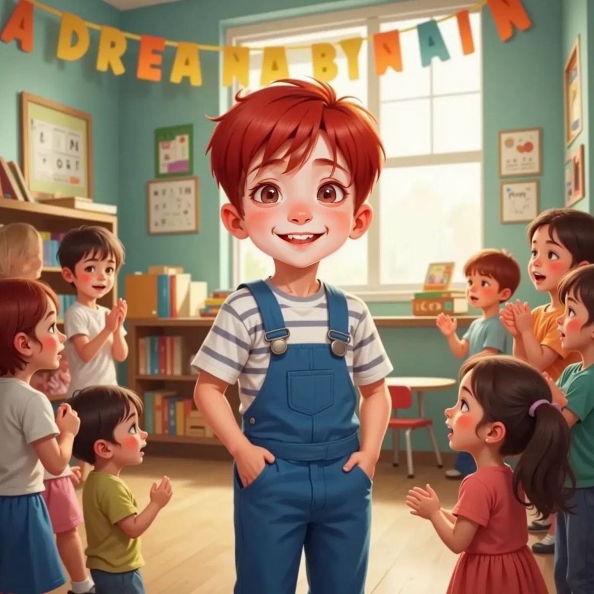 Parker standing, grinning widely with arms open as he pretends to spill invisible thoughts from his pocket. A group of children nearby cheer with excitement. Colorful classroom decorations in the background.