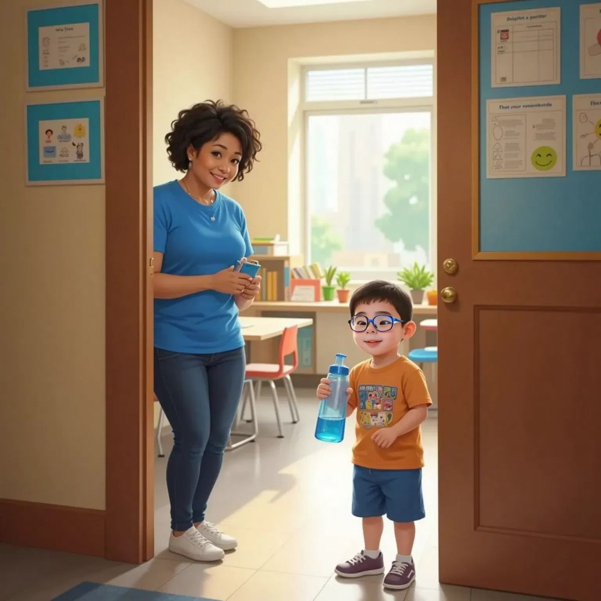 Alisson smiling, wearing sneakers and holding a water bottle, standing at the doorway with a supportive woman with curly hair, wearing a blue t-shirt and jeans, in the background.