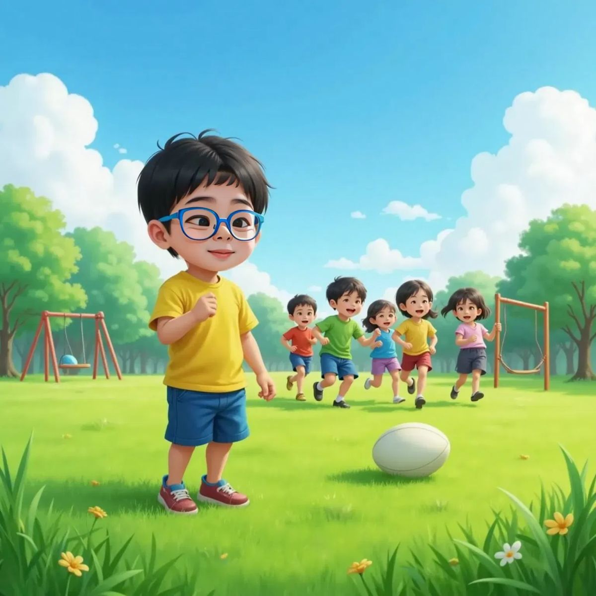 Alisson standing on a large green field, looking a bit nervous, with several kids in colorful shirts playing with a rugby ball in the background.