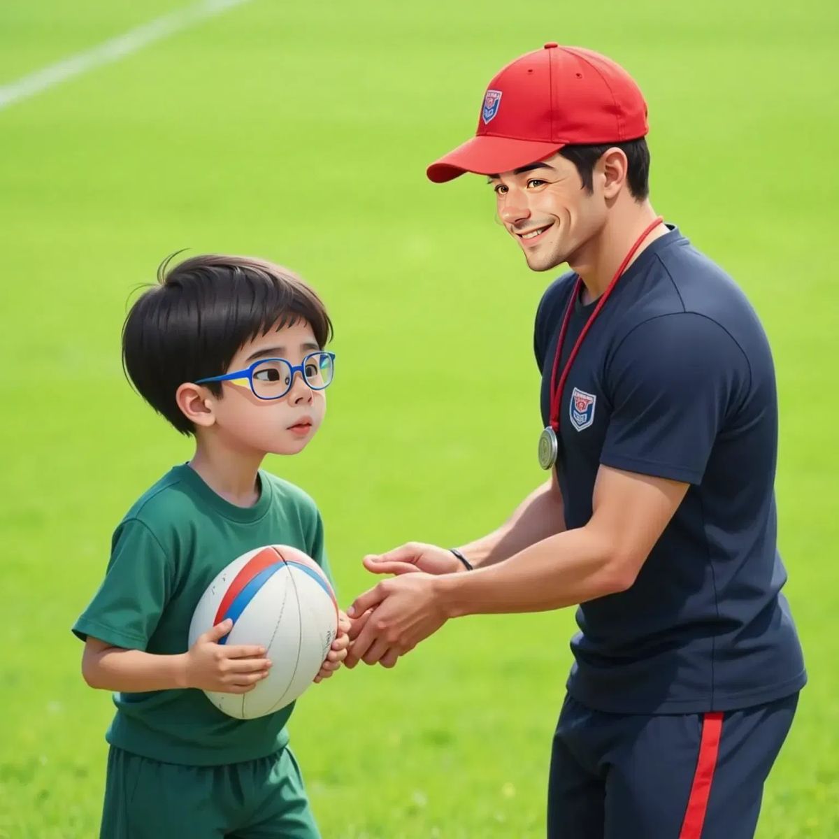 A friendly male coach with a whistle and red cap, holding a rugby ball and demonstrating a pass to attentive Alisson on the grassy field.