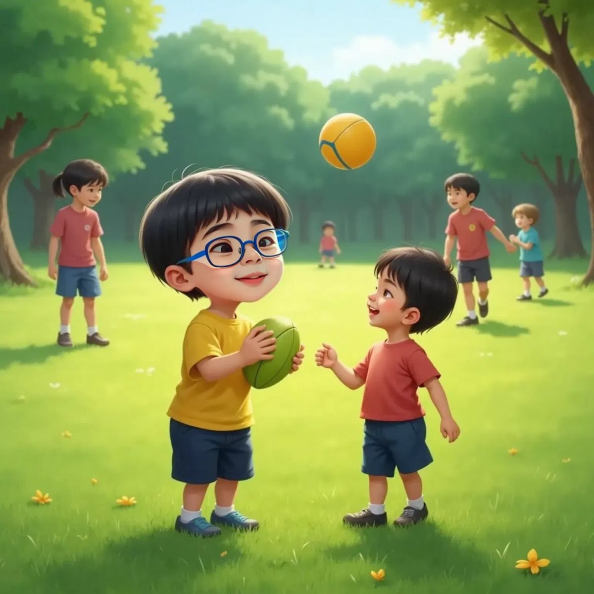Alisson giggling as he gently tosses a rugby ball to another smiling child on a sunny grassy field.