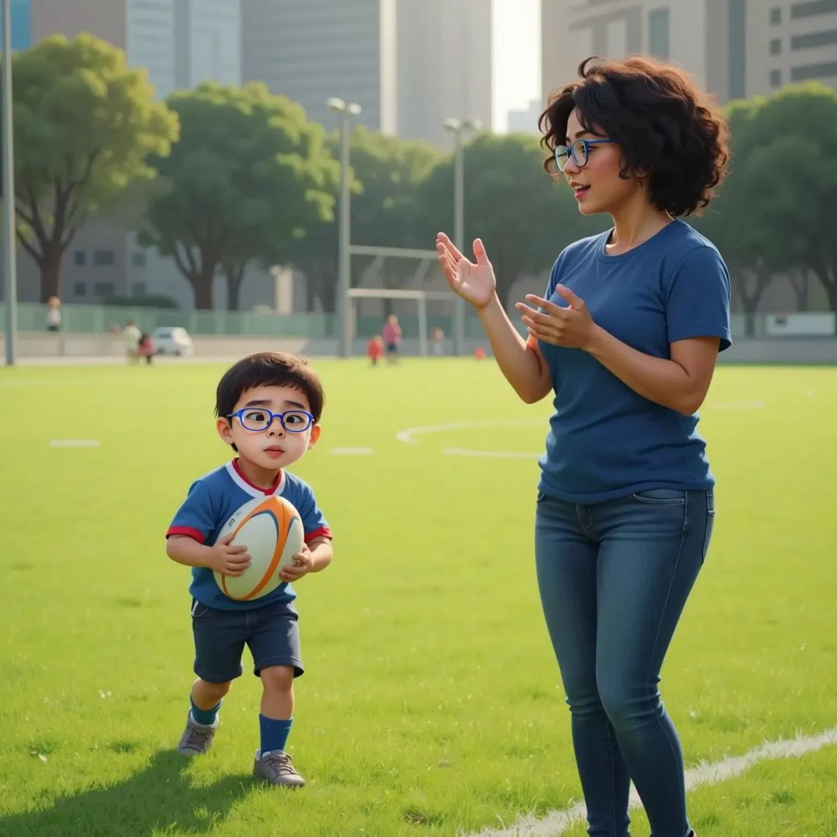 Alisson holding a rugby ball, looking determined, with a cheering woman with curly hair in a blue t-shirt on the sidelines of the green field.