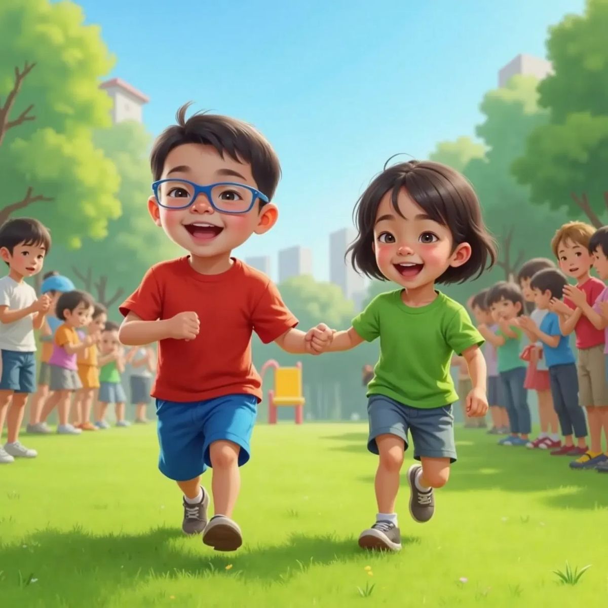 A friendly girl with pigtails and a green shirt tagging a laughing Alisson before the goal line, with kids clapping in the background.