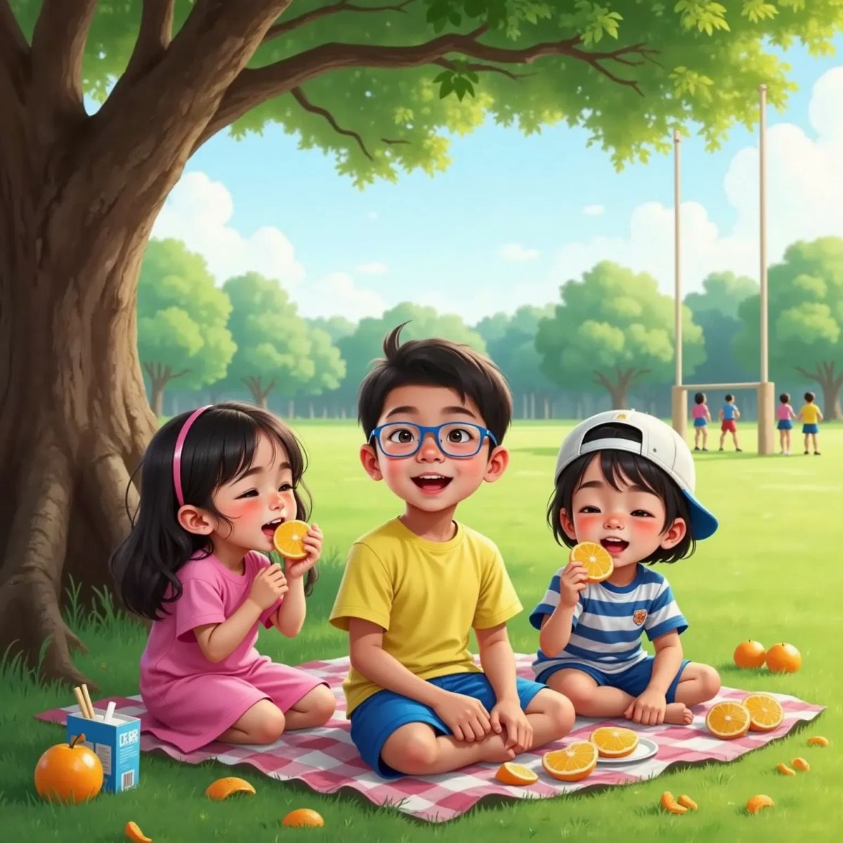 Alisson and two friends sitting in the shade, happily eating orange slices, with trees and the rugby field in the background.