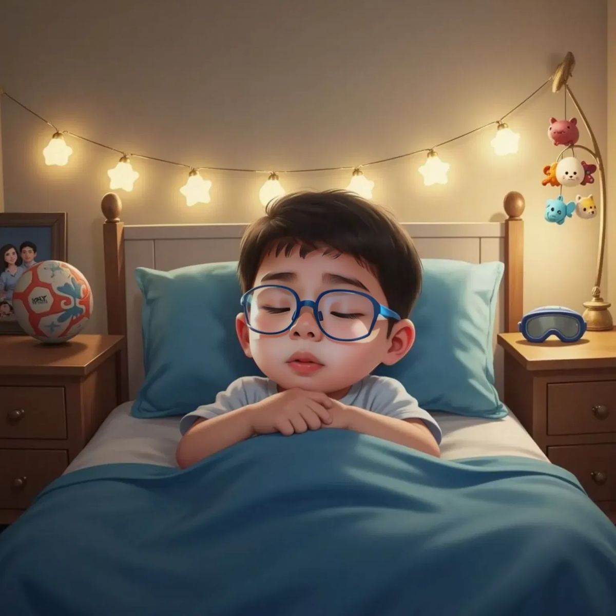 Alisson sleeping peacefully in bed with a gentle smile, a rugby ball and goggles on his nightstand.