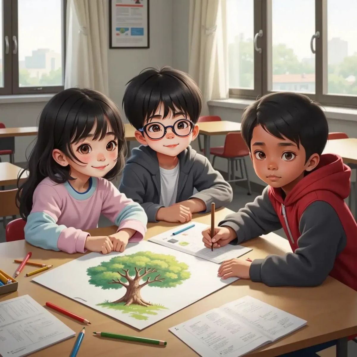 Nina drawing a big tree on paper, focused expression on her face. Raka, smiling, sits next to her with a notebook, while Dito, looking thoughtful, sits across from them. A classroom table with colored pencils and papers spread out.