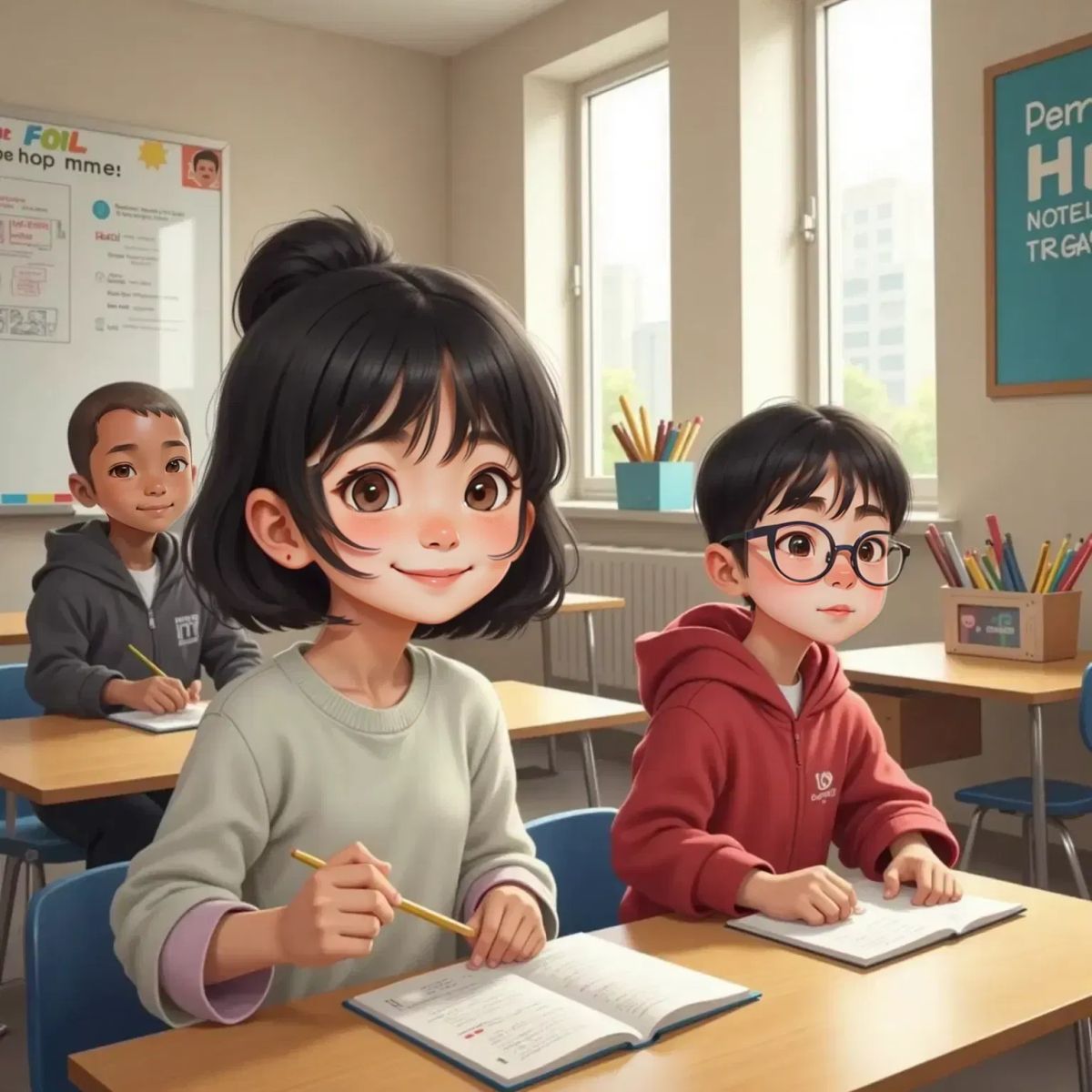 Nina, with a gentle smile, holding a pencil and sketchbook, sits at a classroom desk. Raka, looking enthusiastic, sits nearby with a notebook. Dito, smiling shyly, stands beside them. A classroom background with a whiteboard and project instructions visible.