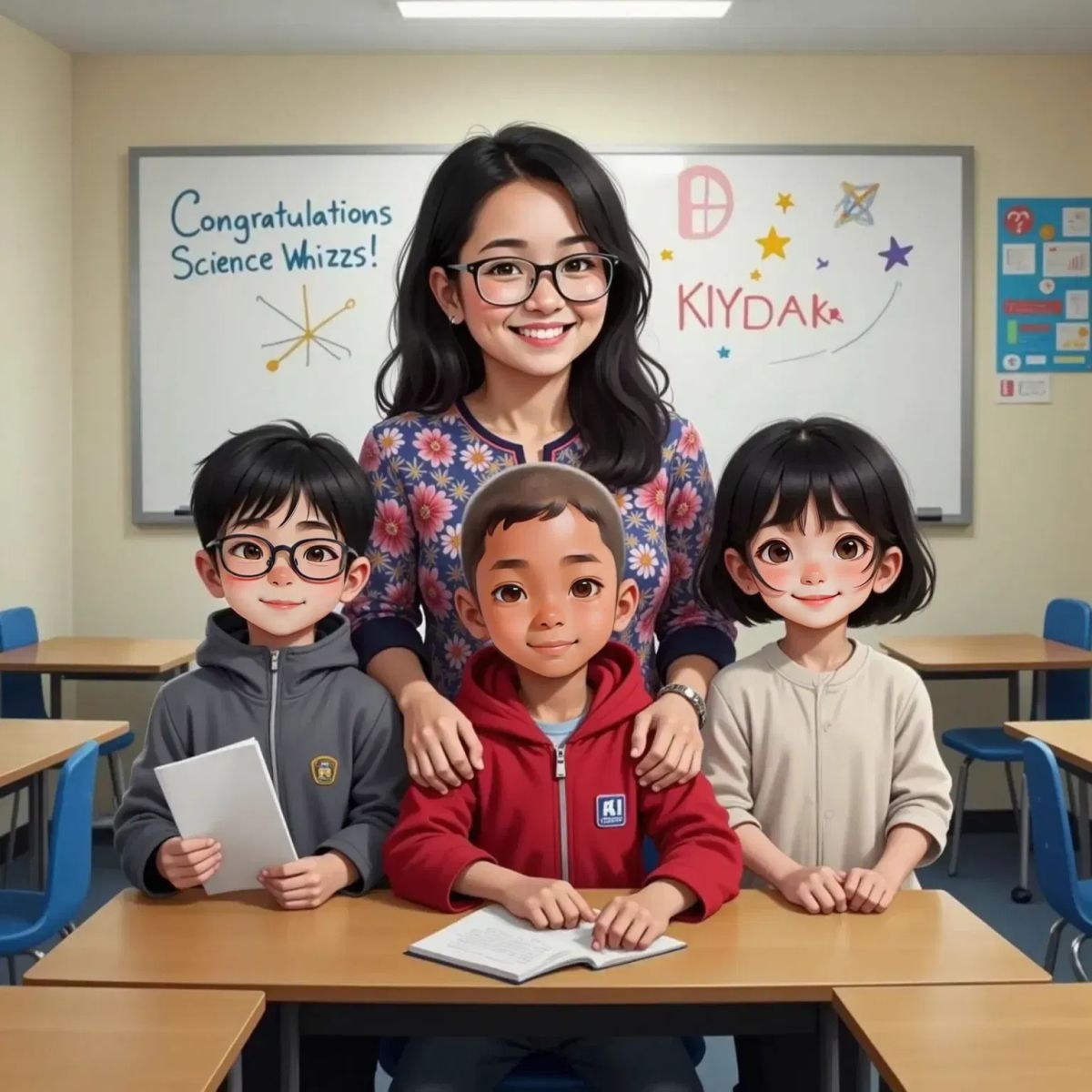 Nina, Raka, and Dito standing together, smiling proudly, holding their finished project. A smiling Indonesian female teacher with shoulder-length hair, wearing a batik blouse, stands behind them in a classroom with a congratulatory message on the whiteboard.