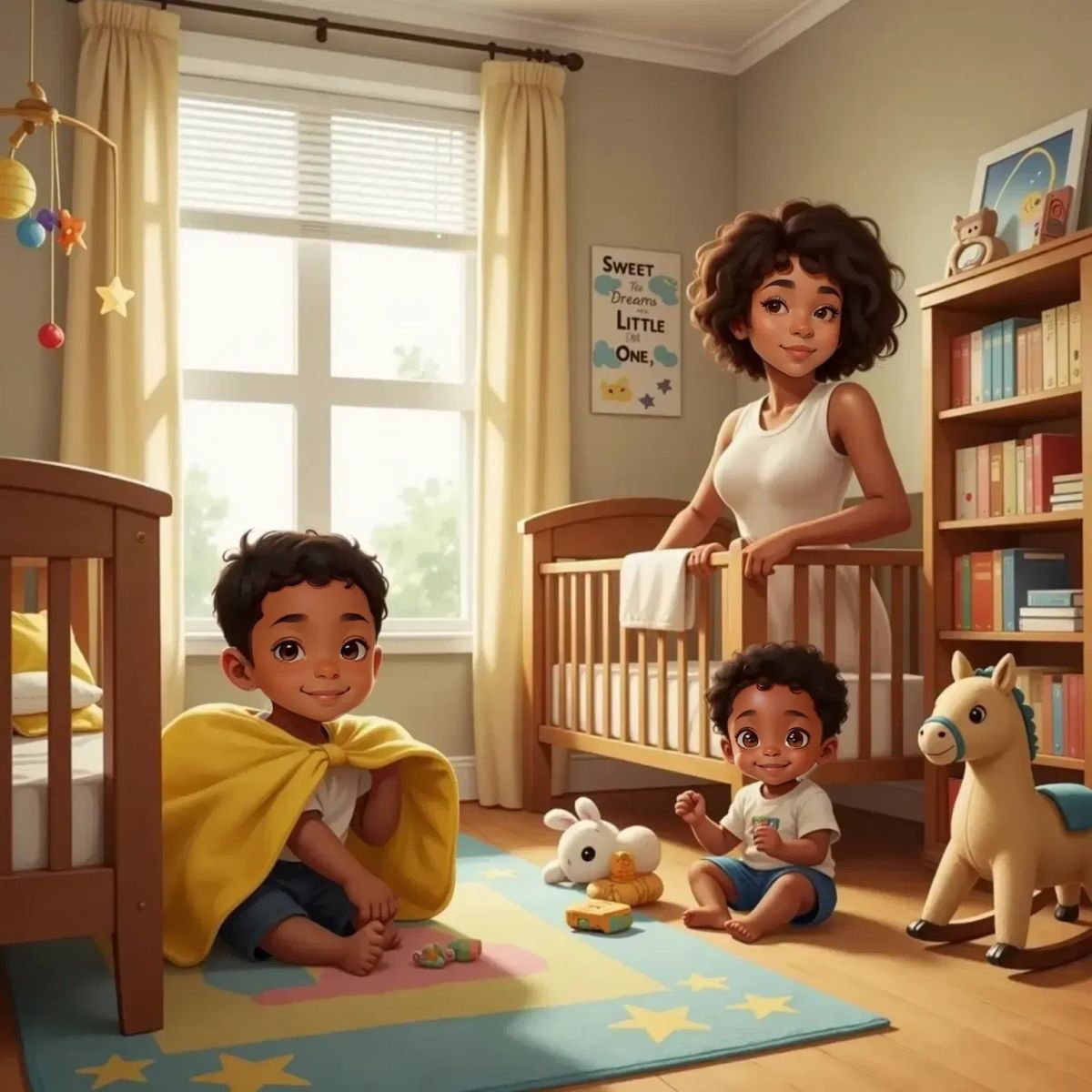 Joshua with a wide smile, peeking out from under a bright yellow blanket in a sunlit bedroom. Baby Brother Orion sitting nearby on the floor, giggling. Mom standing in the doorway, smiling warmly.