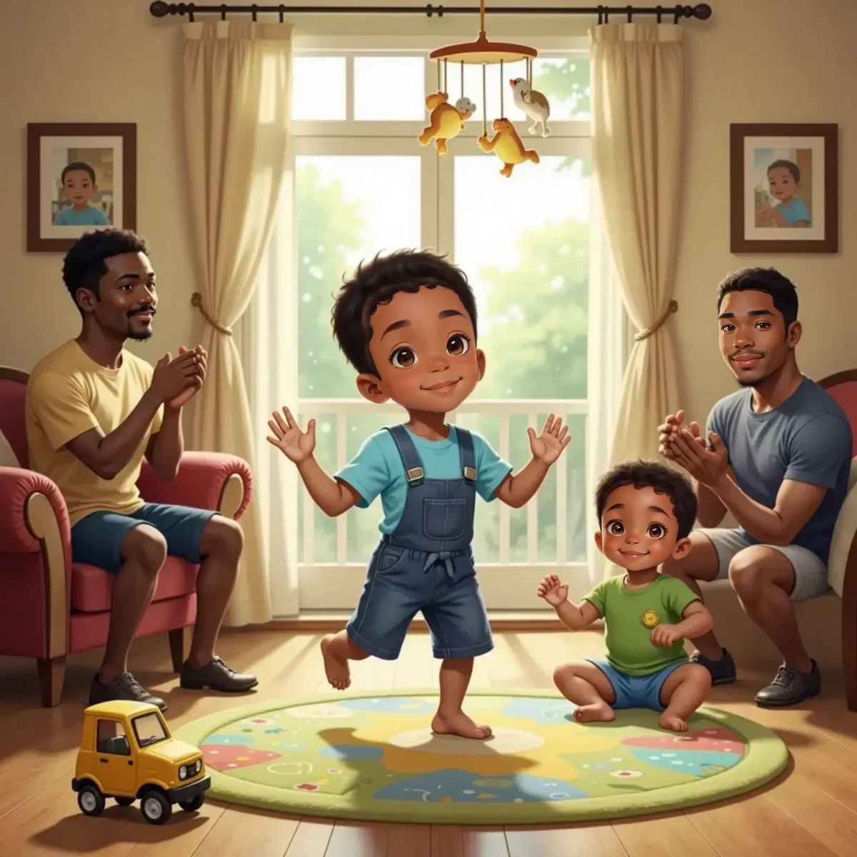 Joshua twirling in the living room, mouth open in song, arms outstretched. Dad clapping, smiling with joy. Baby Brother Orion sitting on a play mat, grinning widely.