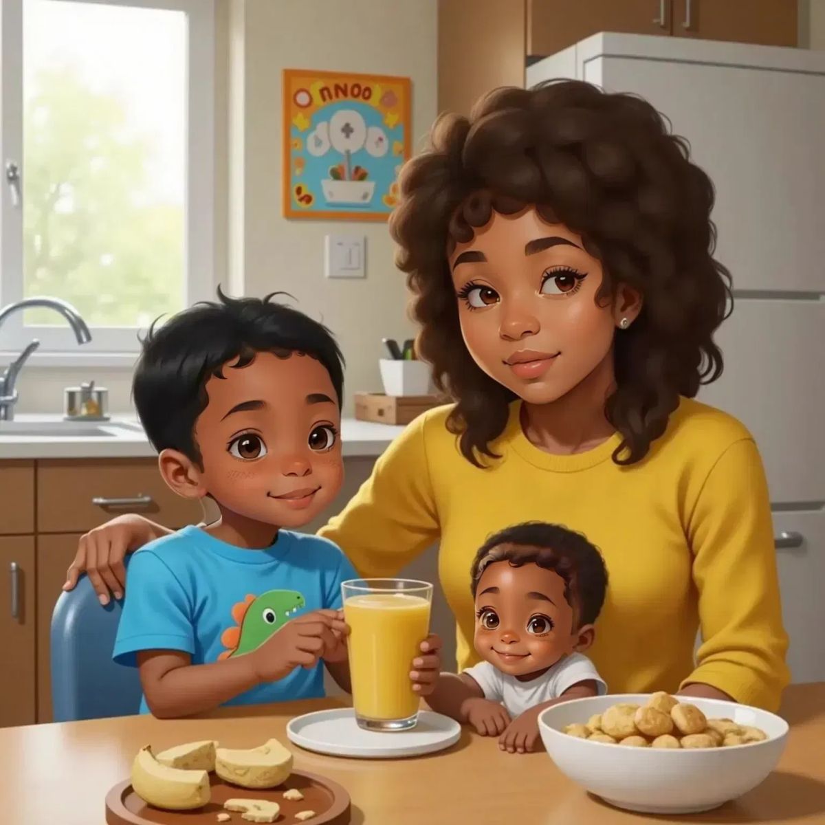 Joshua sitting at the breakfast table, looking curious as he holds a glass of orange juice. Mom laughing, seated beside him. Baby Brother Orion in a high chair with puffed cheeks, bits of food on his face.