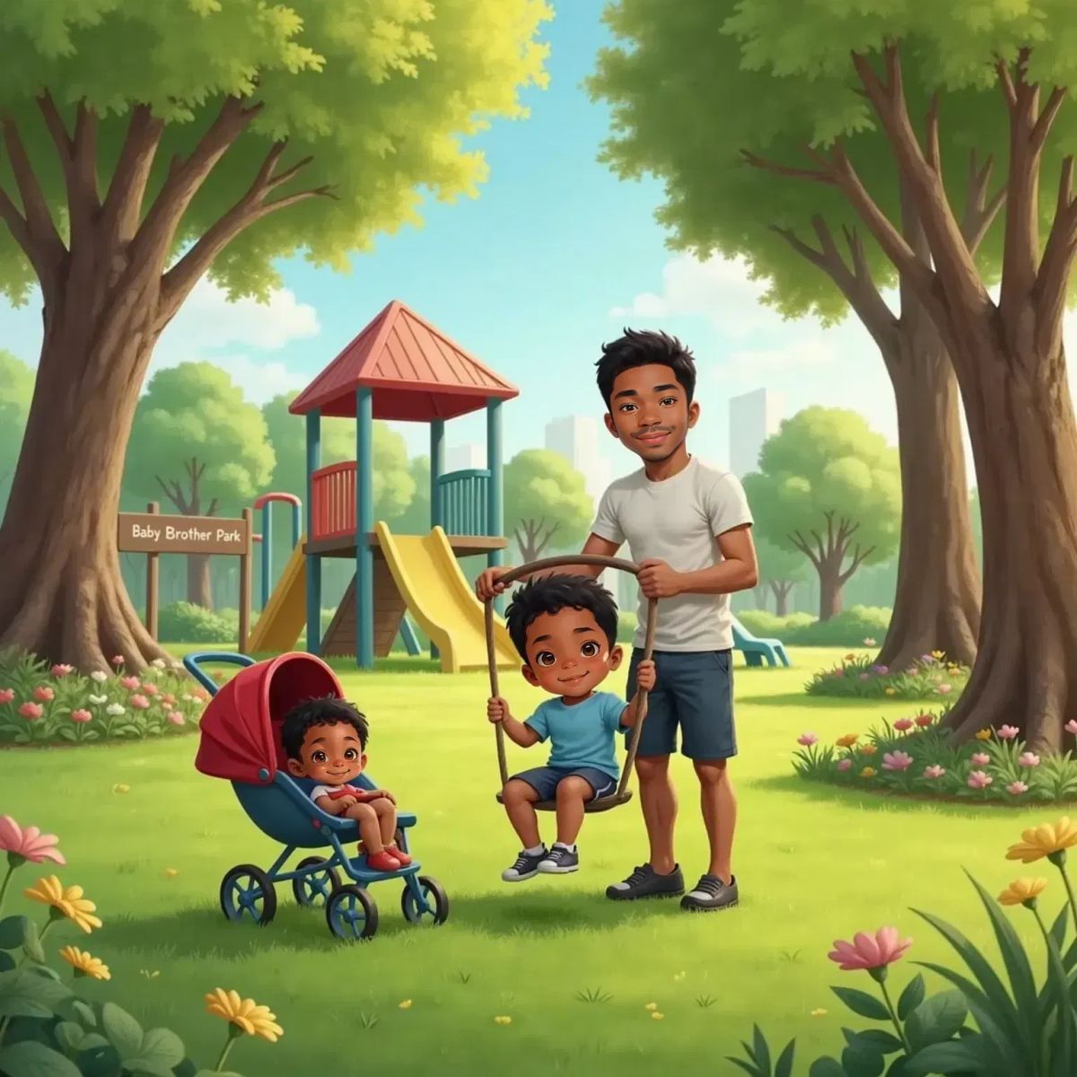 Joshua on a swing, laughing with delight. Dad standing behind, hands on the swing, smiling. Baby Brother Orion in a stroller nearby, looking up with a big grin.