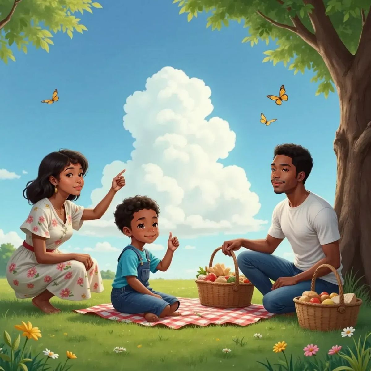 Joshua sitting on the grass, looking up at the blue sky with a thoughtful expression. Mom kneeling beside him, pointing at a fluffy white cloud. Dad sitting nearby, smiling with pride.