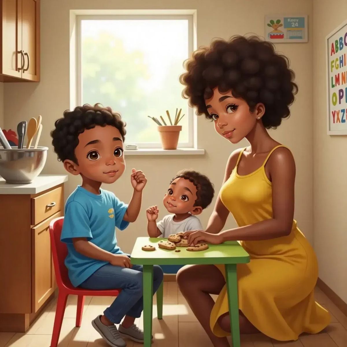Joshua sitting at a small table, munching on a cookie, eyes wide with imagination. Mom beside him, animatedly telling a story. Baby Brother Orion listening, a cookie crumb on his cheek.