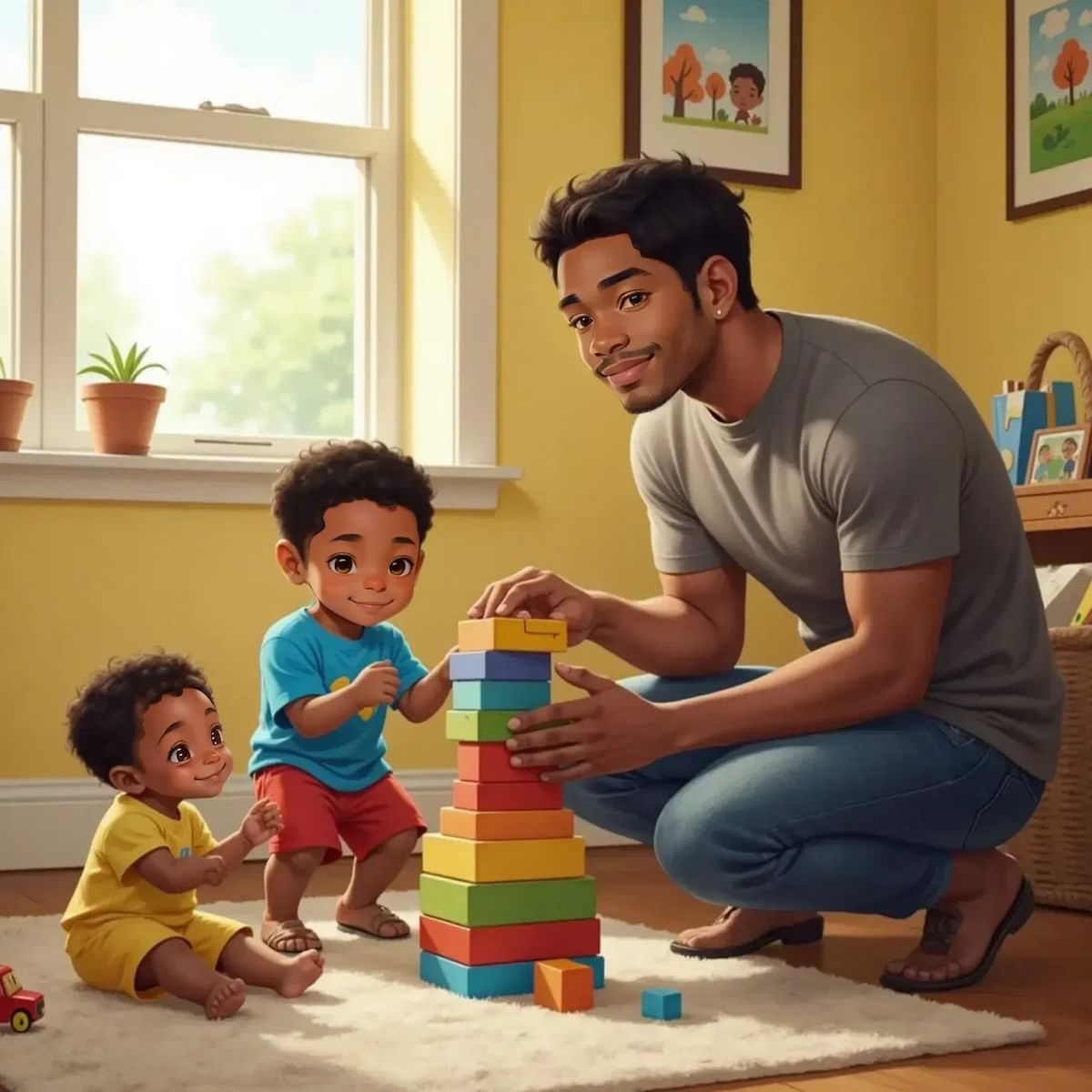 Joshua stacking colorful blocks high, focused expression. Dad kneeling beside, steadying the blocks with a gentle smile. Baby Brother Orion reaching for a block, curiosity on his face.