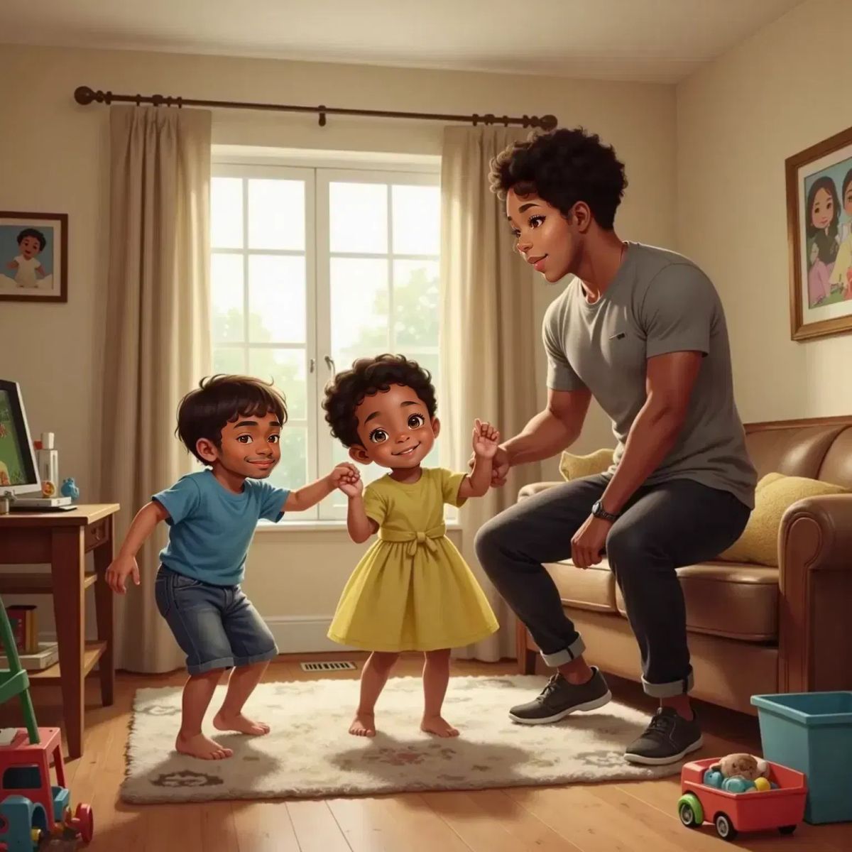 Joshua spinning in the center of the living room, arms outstretched, joyful face. Dad holding Mom's hand, twirling her with a smile. Baby Brother Orion clapping, sitting on the floor.