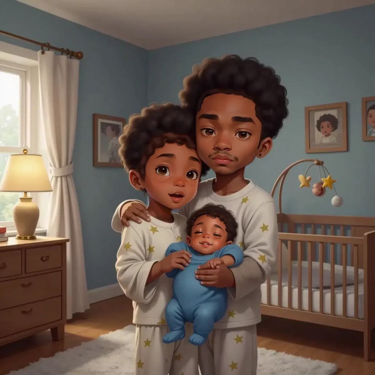 Joshua in soft pajamas, yawning and hugging Mom. Baby Brother Orion cuddled in Dad's arms, both looking sleepy. Cozy bedroom with soft lighting and a sense of calm.