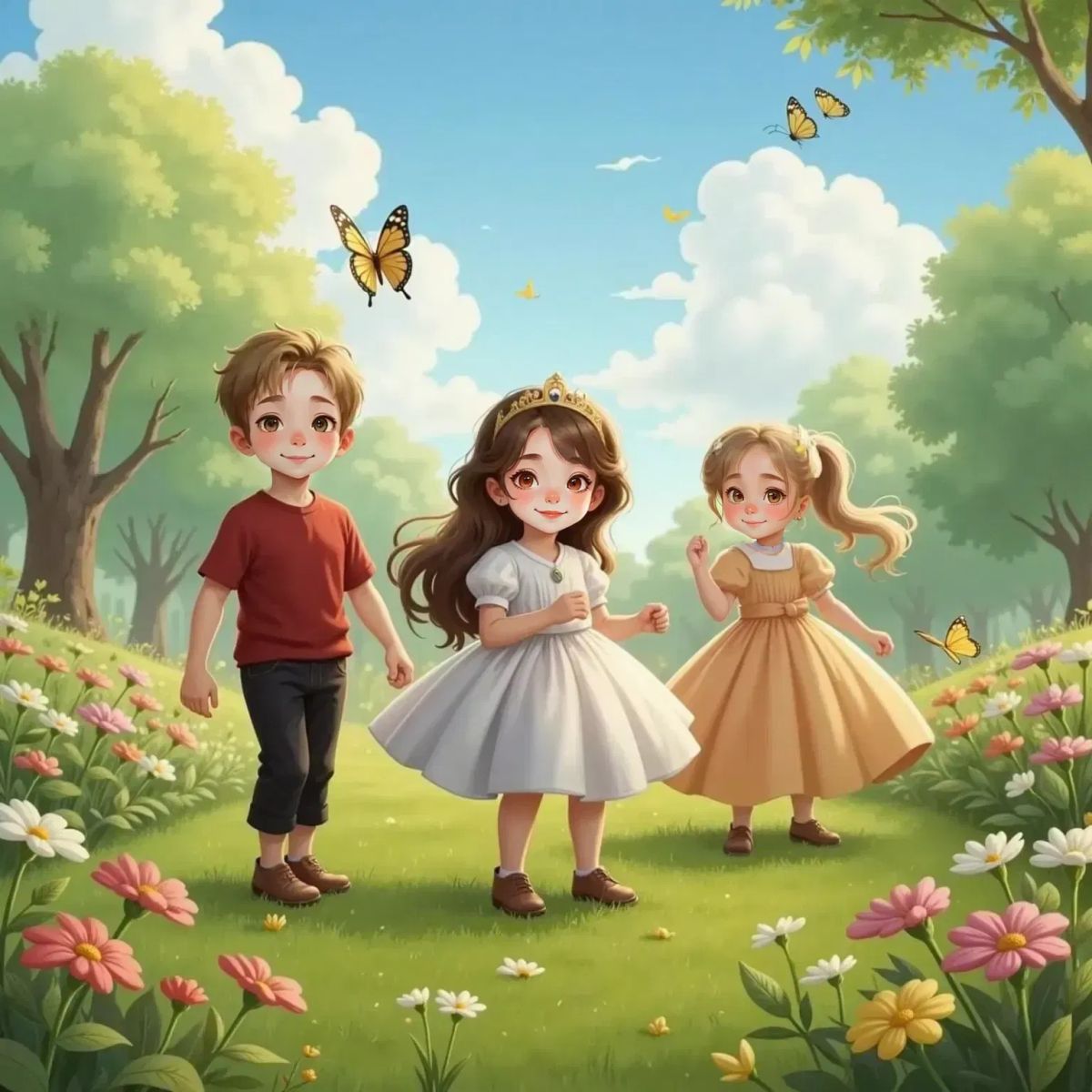 Briar grins in a magical meadow as Oakley spins and Maliah twirls, surrounded by wildflowers.