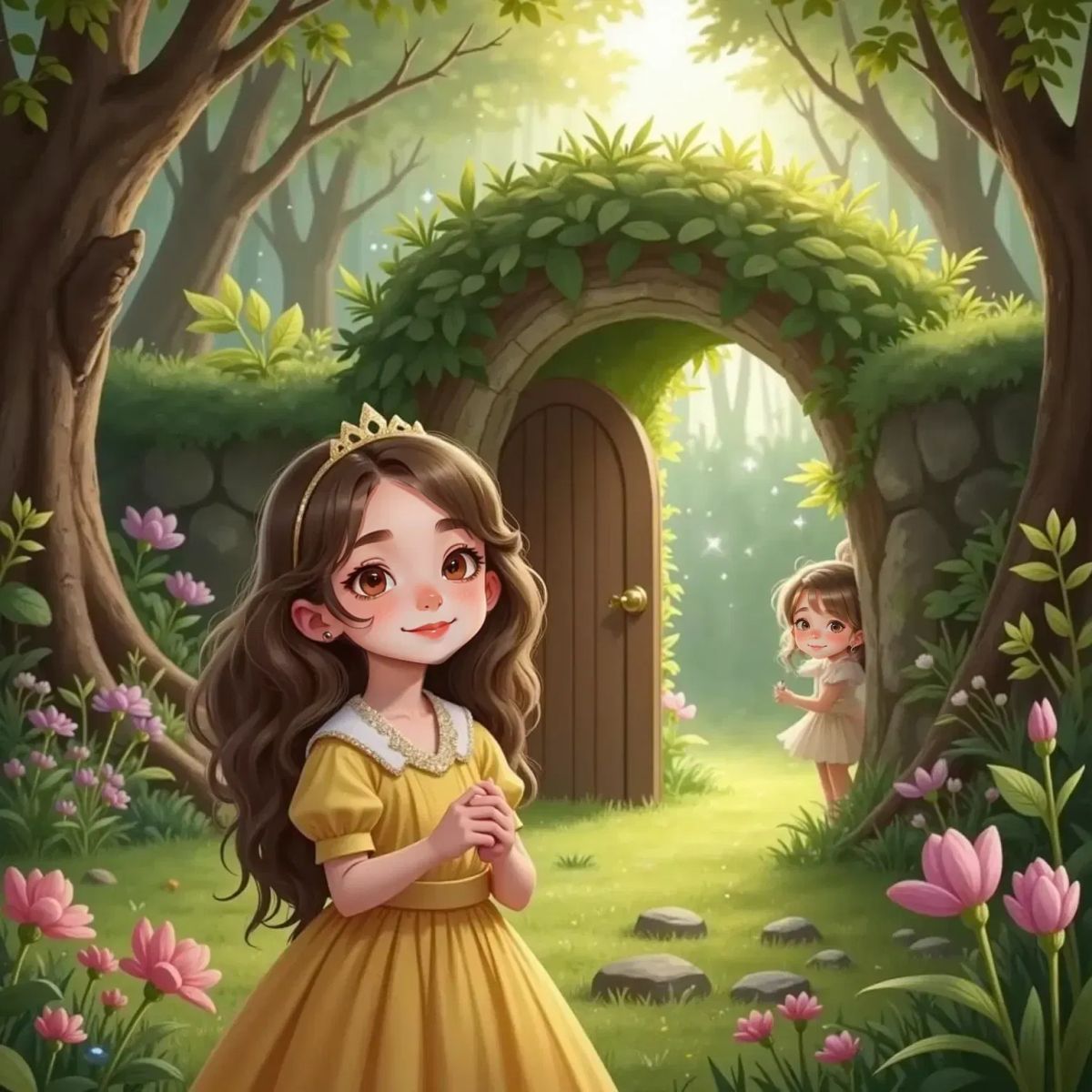 Briar Underwood glowing with twinkling pink lights, standing in a sun-dappled forest clearing beside a sparkling hidden door covered in ferns. Faeries in glittering tutus peek through the doorway. Lily Gillis, with a mischievous smirk, hides behind a tree in the background.