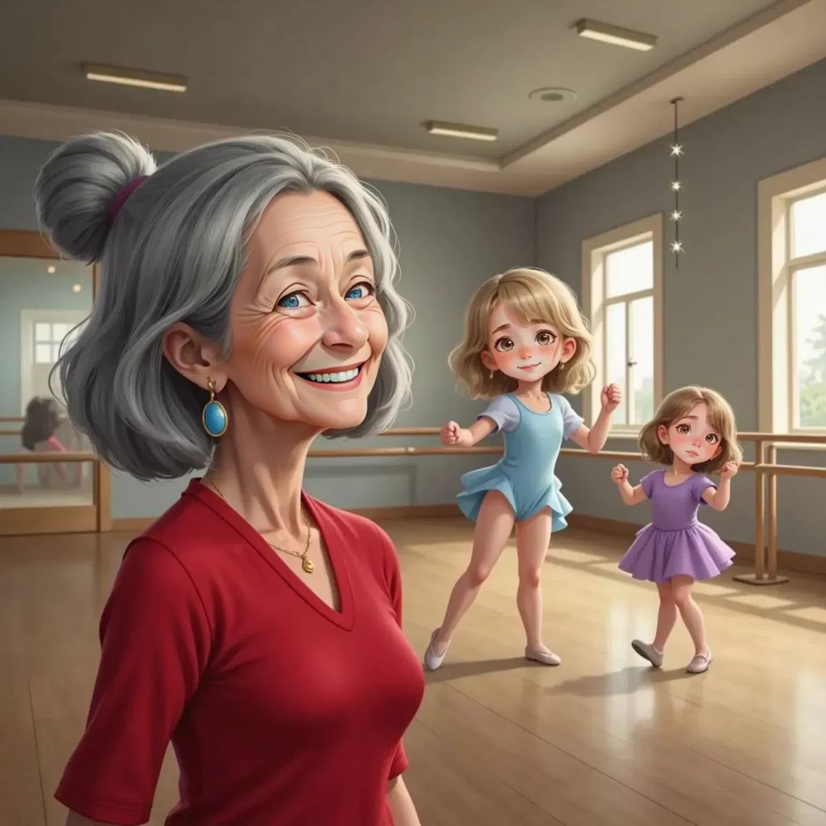 Mrs. Maple, a 66-year-old woman with a shimmering bun, stands in a ballet studio decorated with twinkling lights. Avia Carnt leaps with tiny silver stars trailing her feet. Lily Gillis stands in the back, determined, her fist clenched.