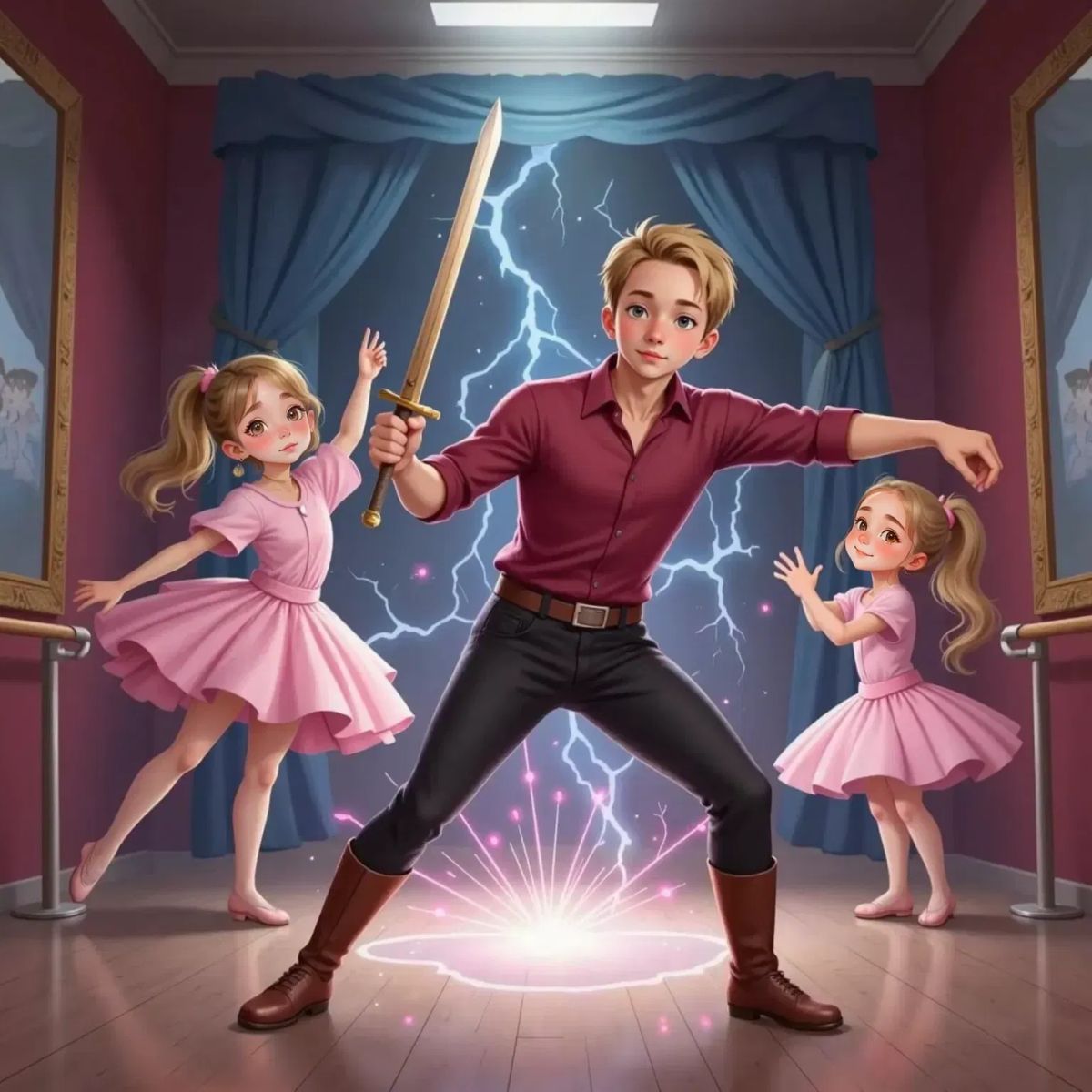 A magical ballet audition hall with sparkling floors. Oakley Woods grinning, holding a wooden sword, and Maliah Kunzen spinning, leaving pink sparkles. Lily Gillis stands at the side, toe pointed, blue sparks behind her.