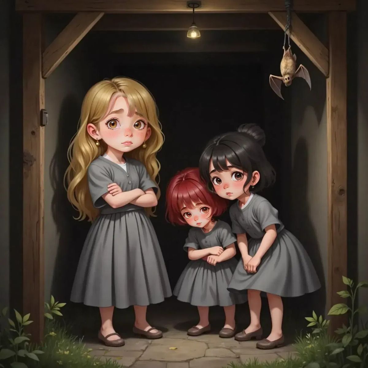 Lily Gillis, fuming with crossed arms, whispers with Sofie Court and Talia Lillt in a shadowy corner. Talia nervously tugs her tutu. A small bat hangs from the rafters above them.