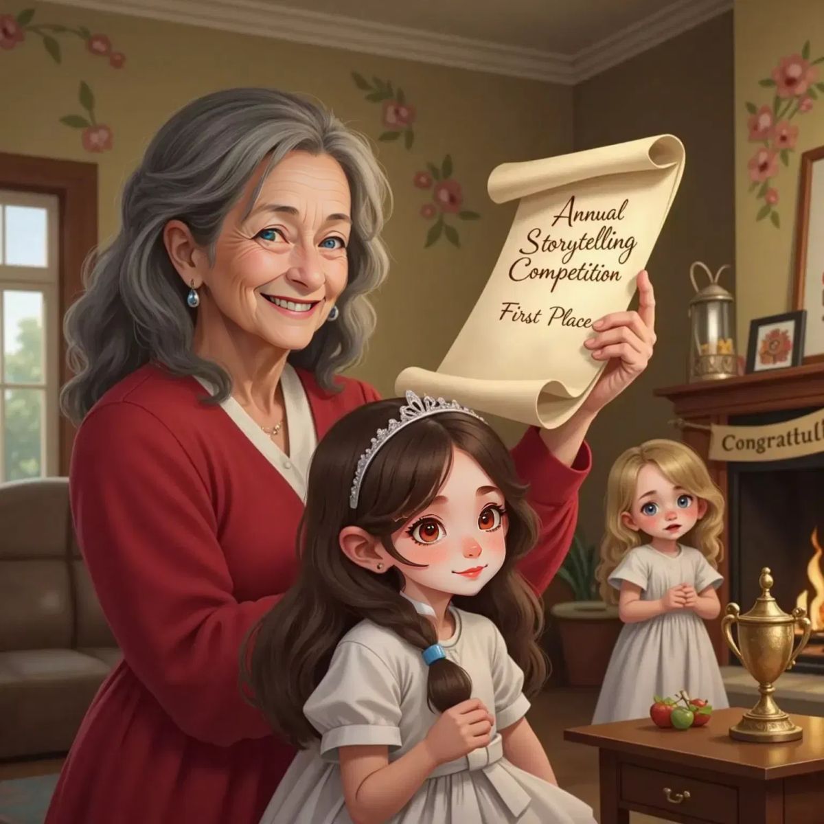 Mrs. Maple posts a glowing scroll as Briar gasps with excitement; Lily stands in the background, angrily stamping her foot.