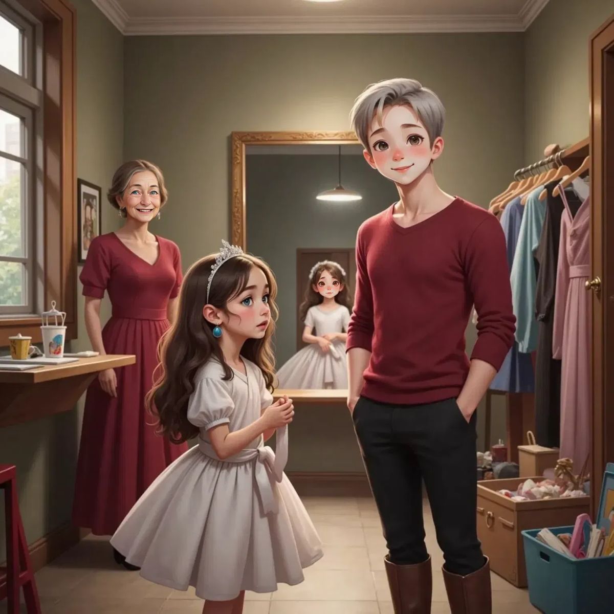 Backstage at the ballet, Briar Underwood nervously holds her ribbon while Oakley Woods gives her a supportive smile. Mrs. Maple watches them with a wise nod in the background.