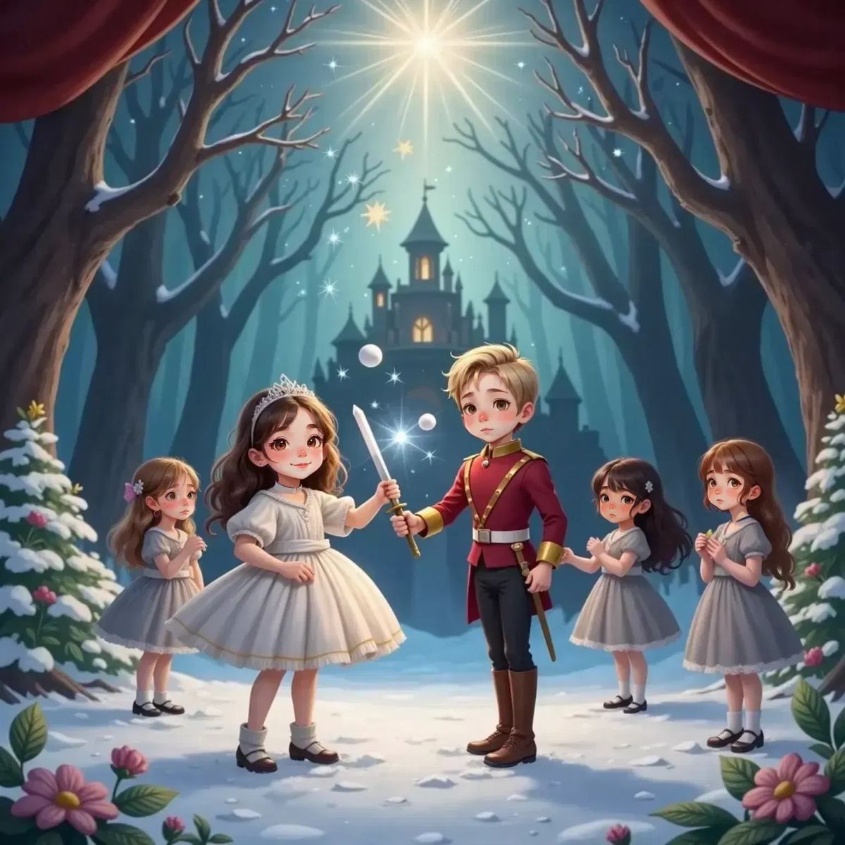 On a sparkling stage, Briar as Clara tosses silver snowballs while Oakley bravely defends her with a sword, as Lily charges in as the Mouse Queen. Faerie magic glitters in the air.