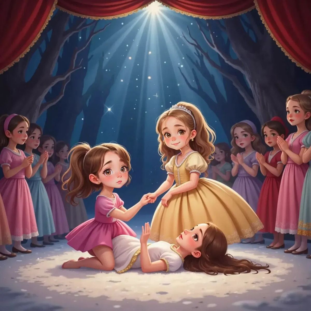 Briar Underwood lying on stage, peeking up with a wink. Lily Gillis, surprised, helps her stand. Maliah Kunzen sweeps in wearing a sparkling Sugar Plum Fairy dress. The audience is a blur of clapping hands and magical sparkles.