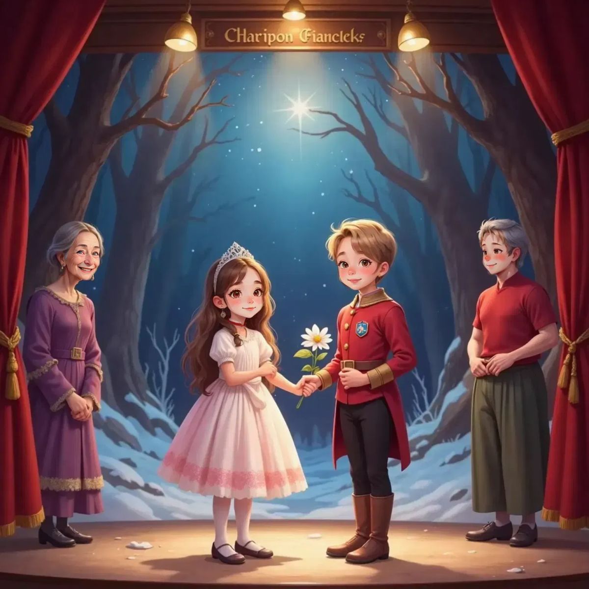 Briar and Lily hold hands and smile on stage, as Oakley gives Lily a glittery flower.