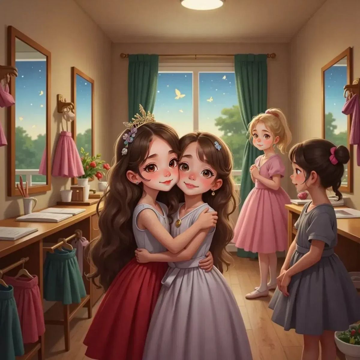 In a cozy dressing room, Briar hugs Lily as they smile, with fireflies glowing outside the window.