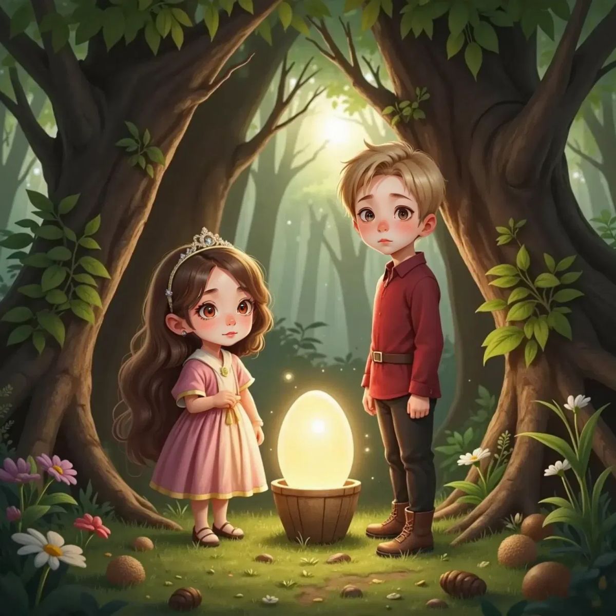 Briar and Oakley gaze in wonder at a glowing magical egg beneath mossy roots in a sunlit forest.