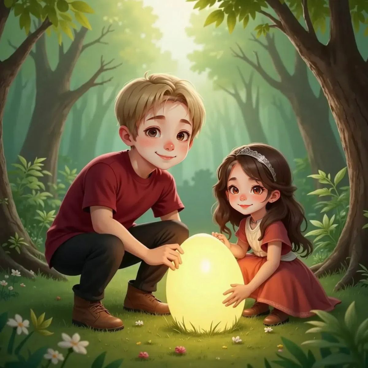 Oakley Woods kneeling beside the magical egg, smiling in delight, while Briar Underwood sits close, gently touching the egg with a caring expression. The egg glows softly in the forest clearing.