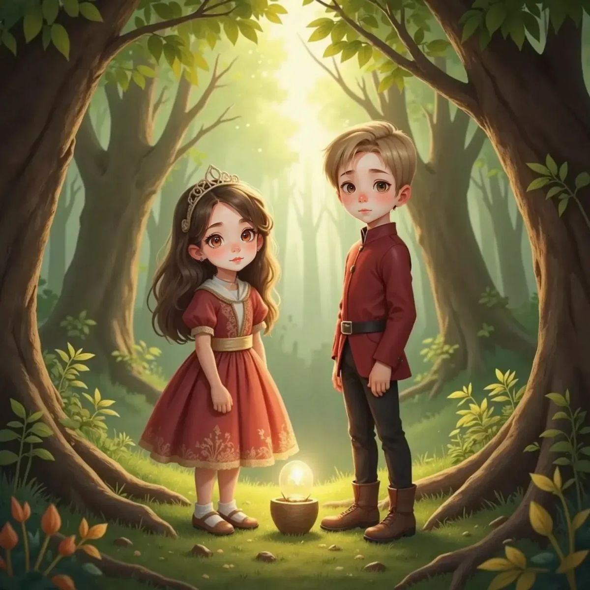 Briar Underwood and Oakley Woods standing close together in the forest, listening intently with serious, thoughtful faces as sunlight filters through the leaves. The magical egg rests safely at their feet.