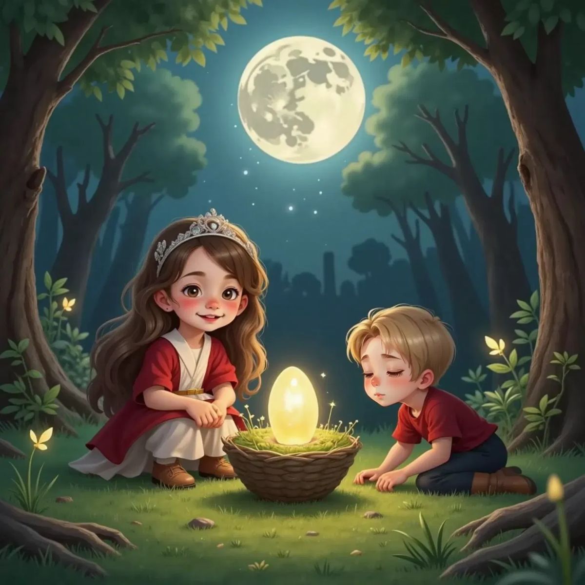 A small moss-and-fern nest holding the magical egg in a moonlit clearing. Briar Underwood sits nearby, softly singing with a gentle smile, while Oakley Woods lies under the moon, eyes closed in peaceful sleep.