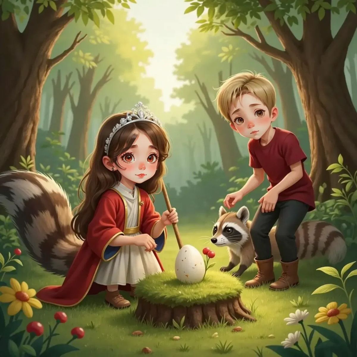 A nosy raccoon sniffing near the mossy nest in the bright forest. Briar Underwood, looking anxious, covers the egg with a sturdy stick, while Oakley Woods tosses berries in the background.