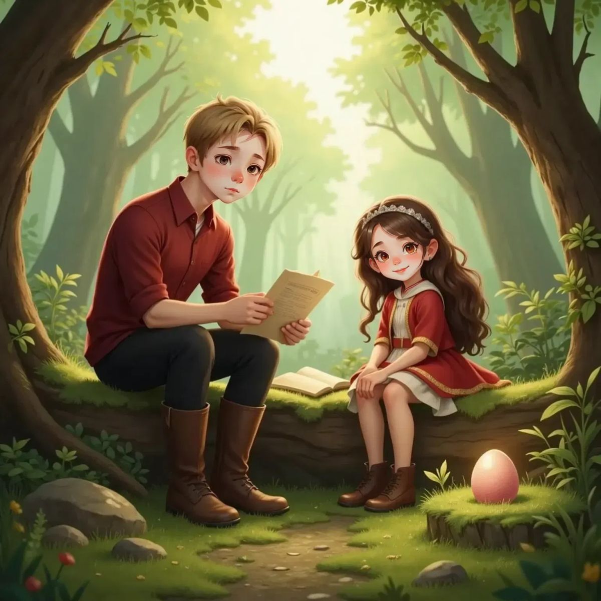 Oakley Woods and Briar Underwood sitting on a log, drawing up a schedule on a piece of paper. Briar smiles, looking relieved, while Oakley appears focused. The magical egg rests safely in its mossy nest nearby.