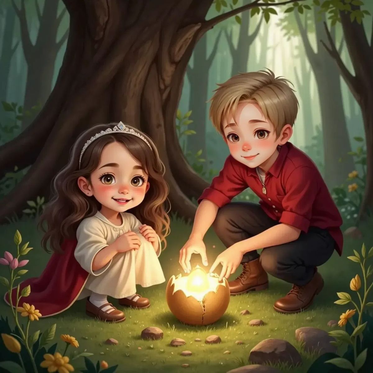 Briar Underwood with wide, delighted eyes, and Oakley Woods kneeling beside a magical egg that is cracking open in the golden dawn light. Tiny cracks zigzag across the glowing shell.