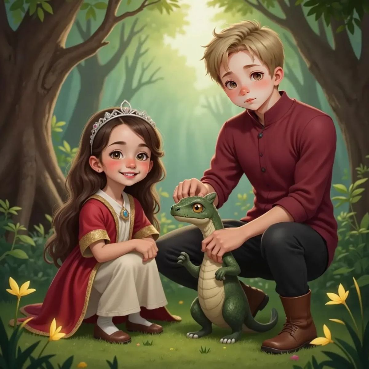 A newly hatched baby dragon with twinkling scales and gentle eyes, sitting between Briar Underwood, who is grinning, and Oakley Woods, who is reaching out gently. The forest glows softly around them.
