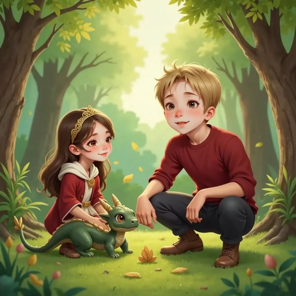 Glimmer the baby dragon, now slightly bigger, playing under tall trees with Oakley Woods, who is laughing. Briar Underwood sits nearby, watching with a warm, caring smile. Sunbeams filter through the leaves.