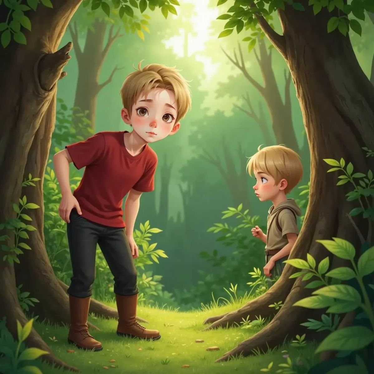 A curious village boy with tousled hair peering between tree trunks in the forest. Oakley Woods watches him from behind a bush, looking cautious. Glimmer is hidden from view.