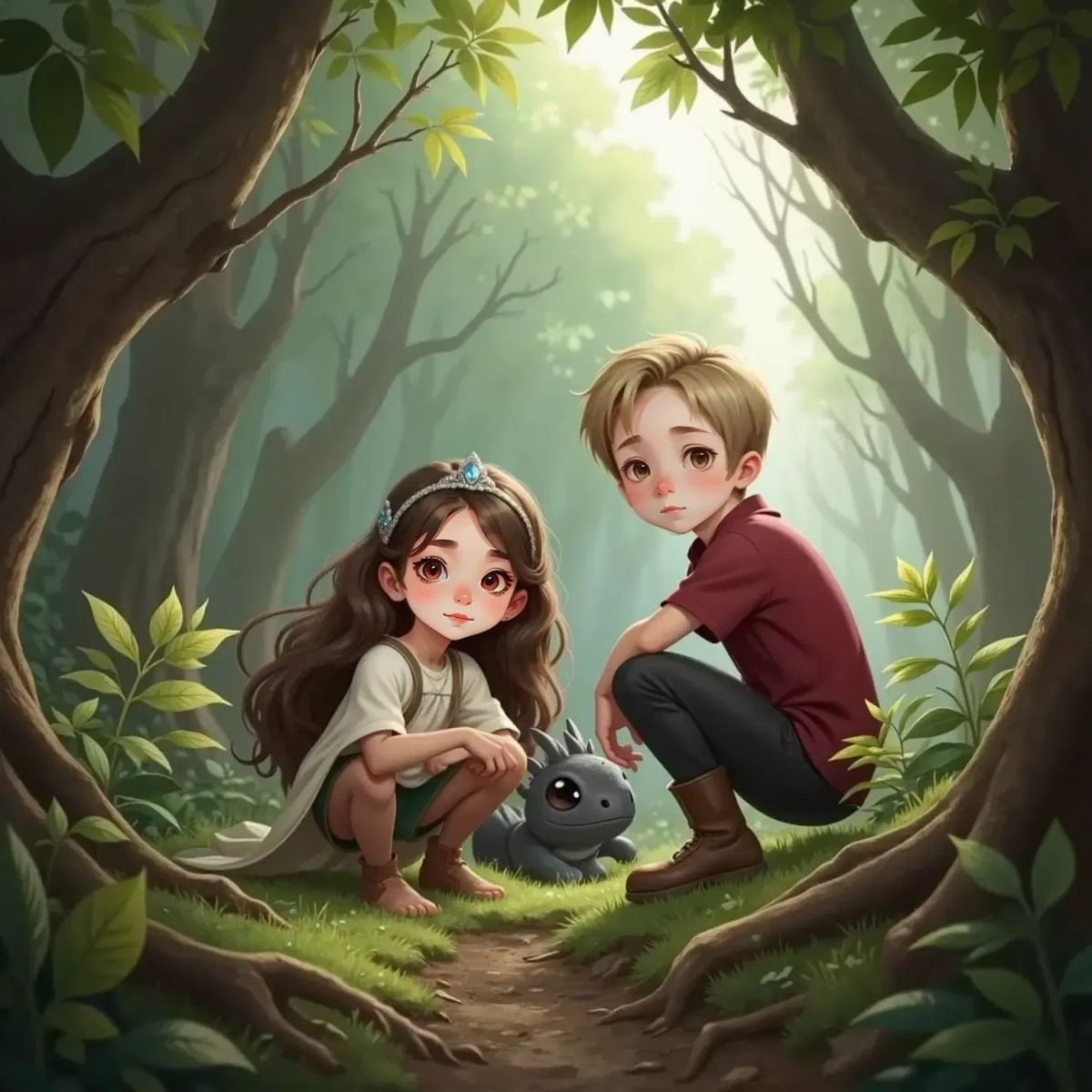 Briar Underwood and Oakley Woods crouched together in a dense forest, looking alert and protective. Glimmer the dragon is camouflaged among the misty trees behind them.