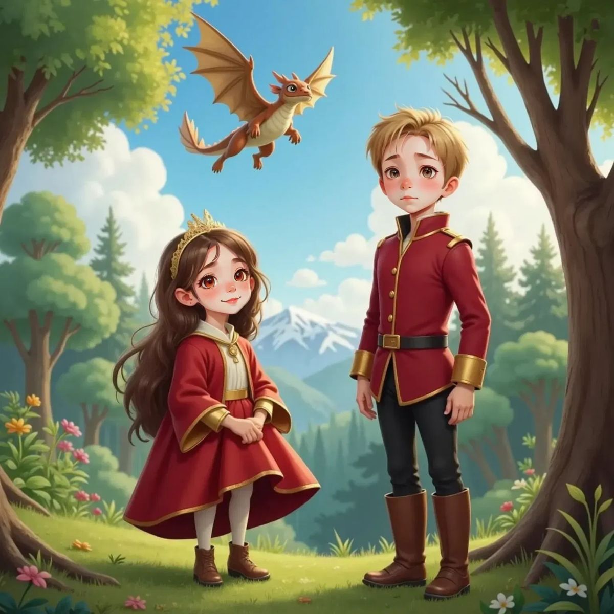 Glimmer the dragon soaring overhead in a bright sky as Briar Underwood and Oakley Woods stand below, both smiling with joy and a hint of sadness. The forest and distant mountains fill the background.