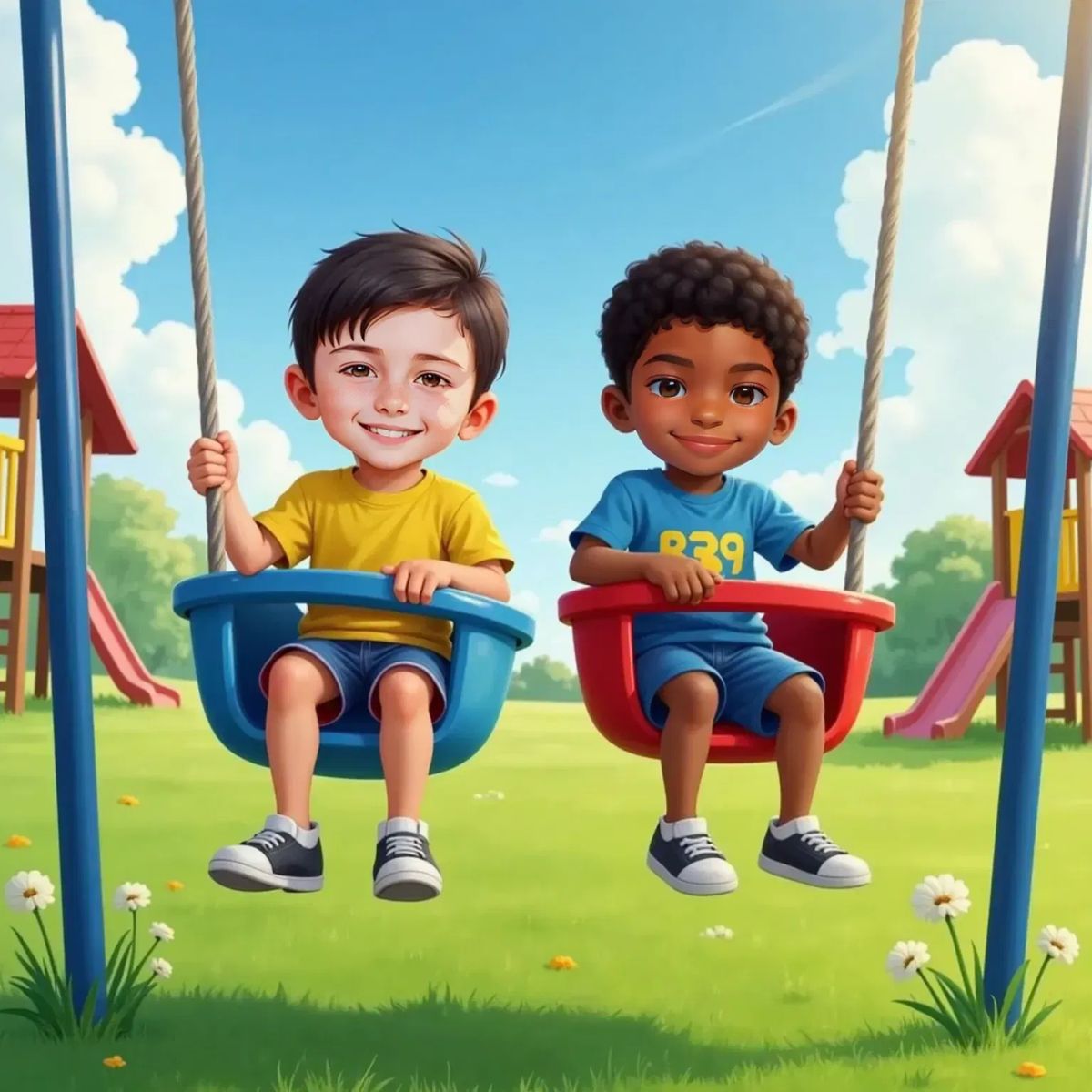 Lleyton and Isaac sitting on playground swings under a bright blue sky, both smiling widely at each other