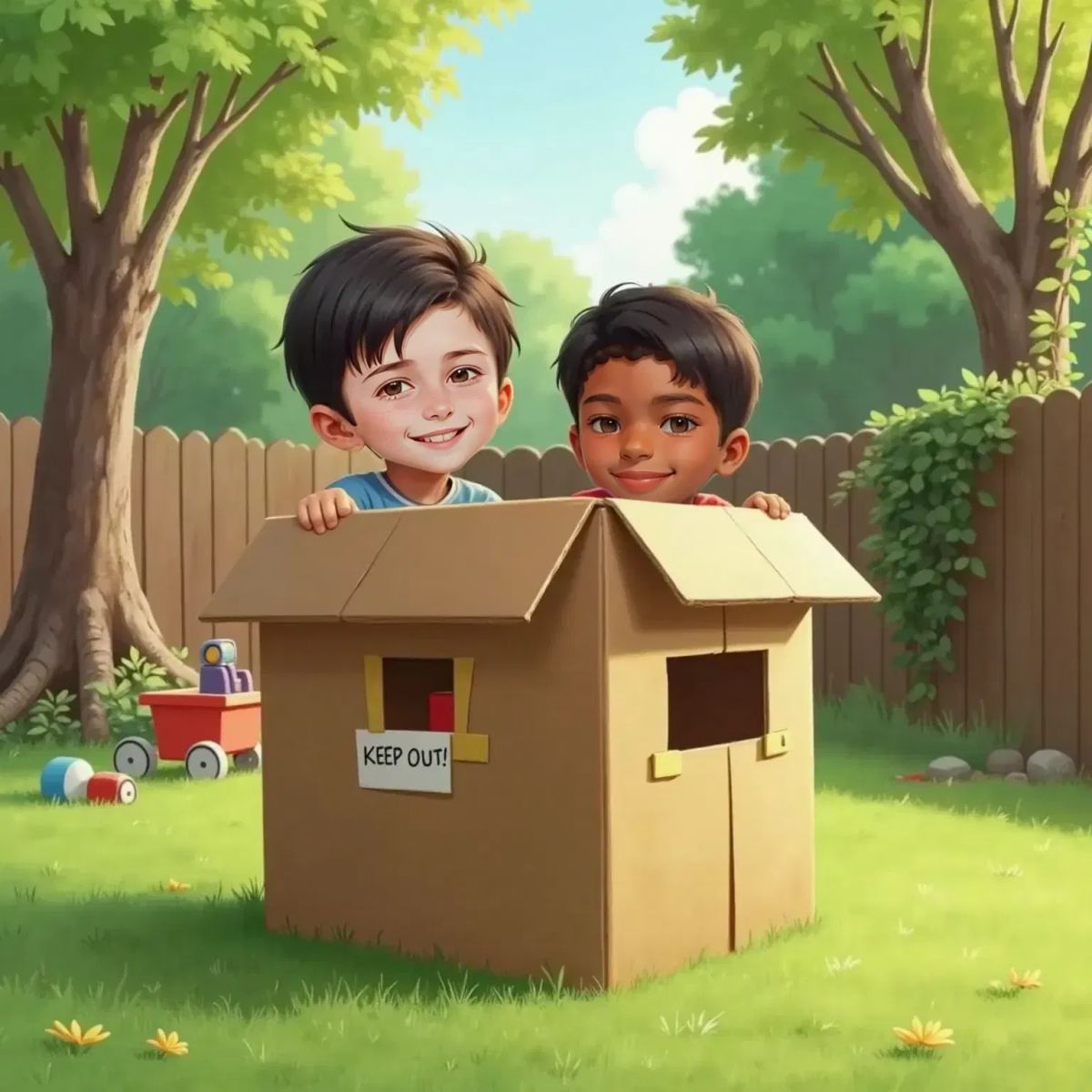 Lleyton and Isaac building a fort from cardboard boxes and sticks in a sunny backyard, both looking proud and happy